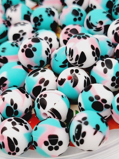 15mm Printed Turquoise Pink & White Paw Print Silicone Beads – Round Pet Beads for Pens & Wristlets