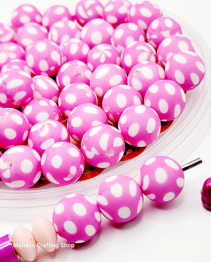 15mm Printed Pink Dot Print Silicone Bead – Polka Dot Round Beads for Pens & Wristlets