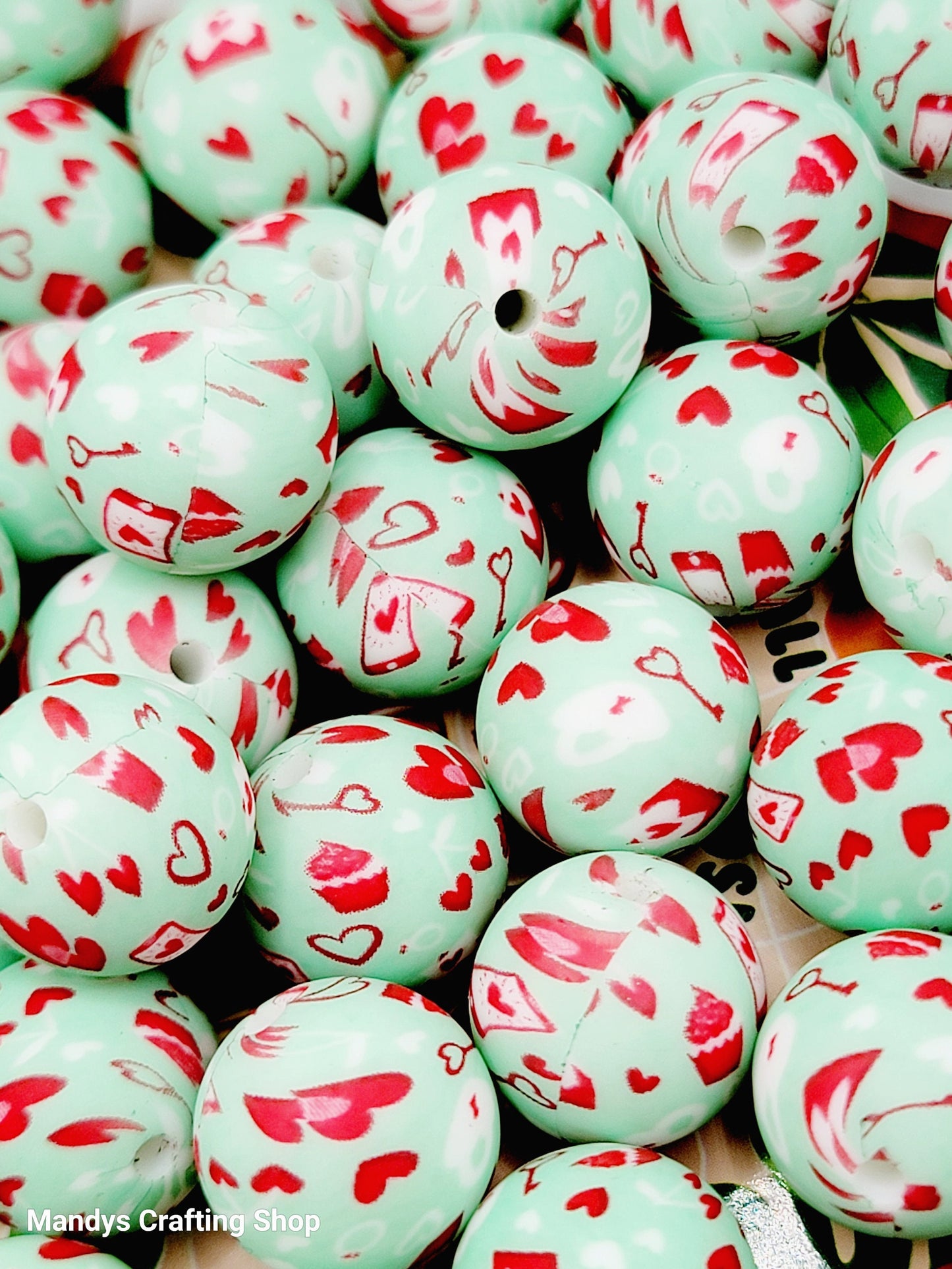 15mm Printed Mint Green Valentine Love Print Silicone Bead – Valentine Theme Round Spacer Beads for Pens & Wristlets