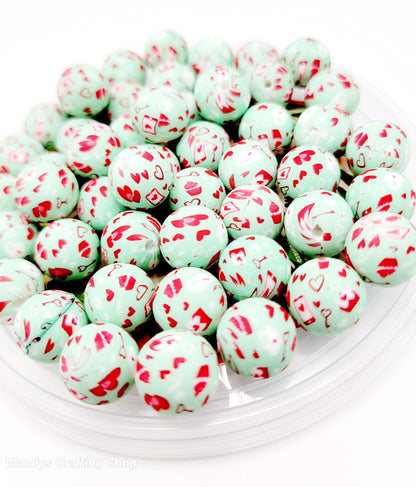 15mm Printed Mint Green Valentine Love Print Silicone Bead – Valentine Theme Round Spacer Beads for Pens & Wristlets
