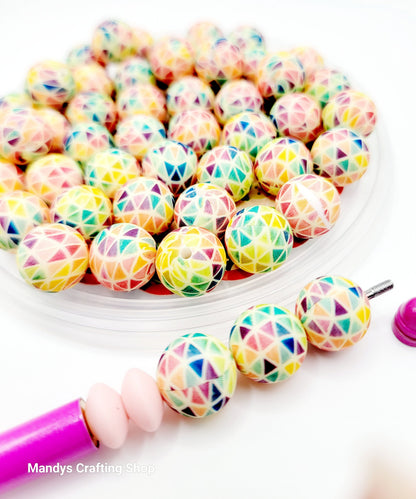 15mm Printed Colorful Triangles Print Silicone Bead – Rainbow Round Beads for Pens & Wristlets