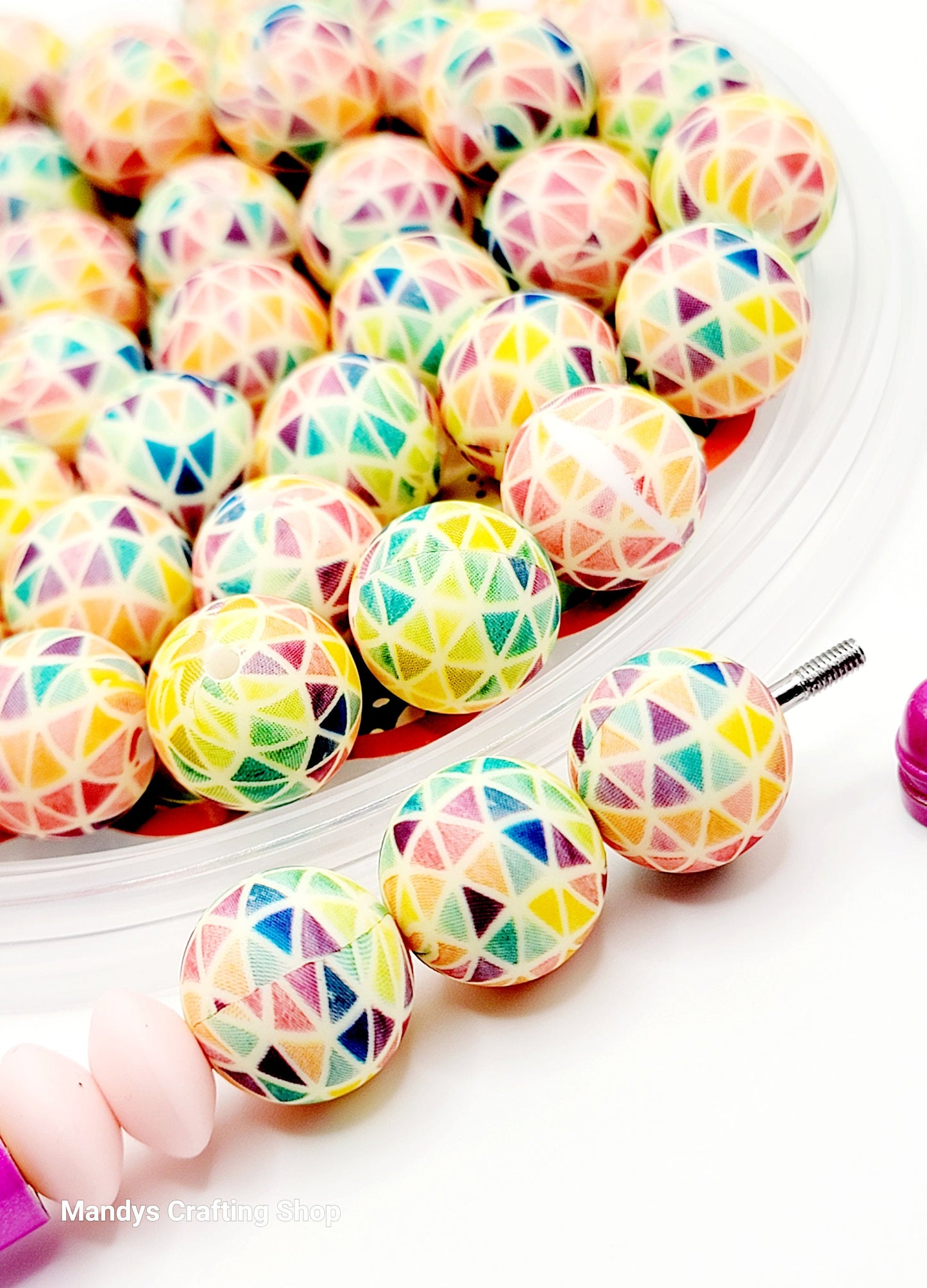 15mm Printed Colorful Triangles Print Silicone Bead – Rainbow Round Beads for Pens & Wristlets