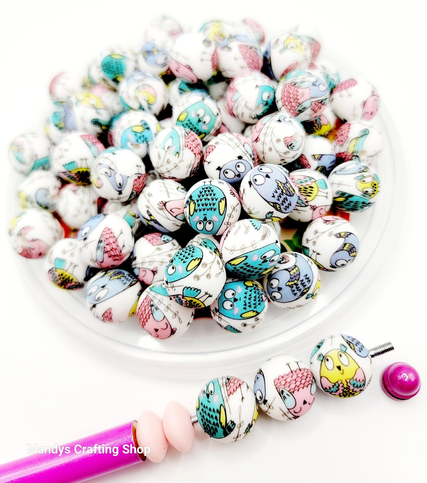 15mm Printed Cartoon Owl Print Silicone Bead – 15mm Round Bird Beads for Pens, Wristlets & Earrings