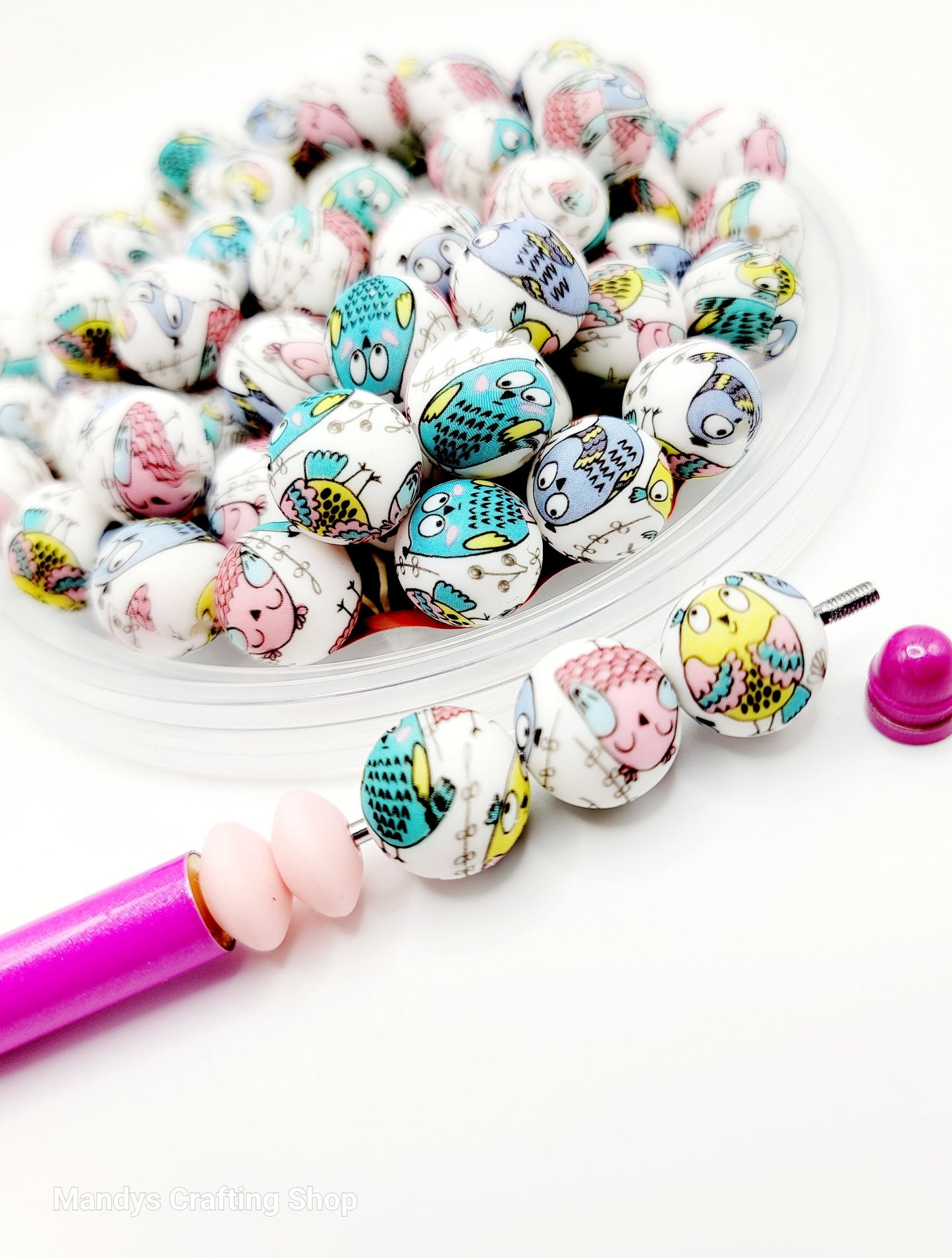 15mm Printed Cartoon Owl Print Silicone Bead – 15mm Round Bird Beads for Pens, Wristlets & Earrings
