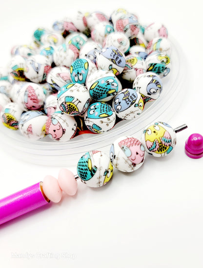 15mm Printed Cartoon Owl Print Silicone Bead – 15mm Round Bird Beads for Pens, Wristlets & Earrings