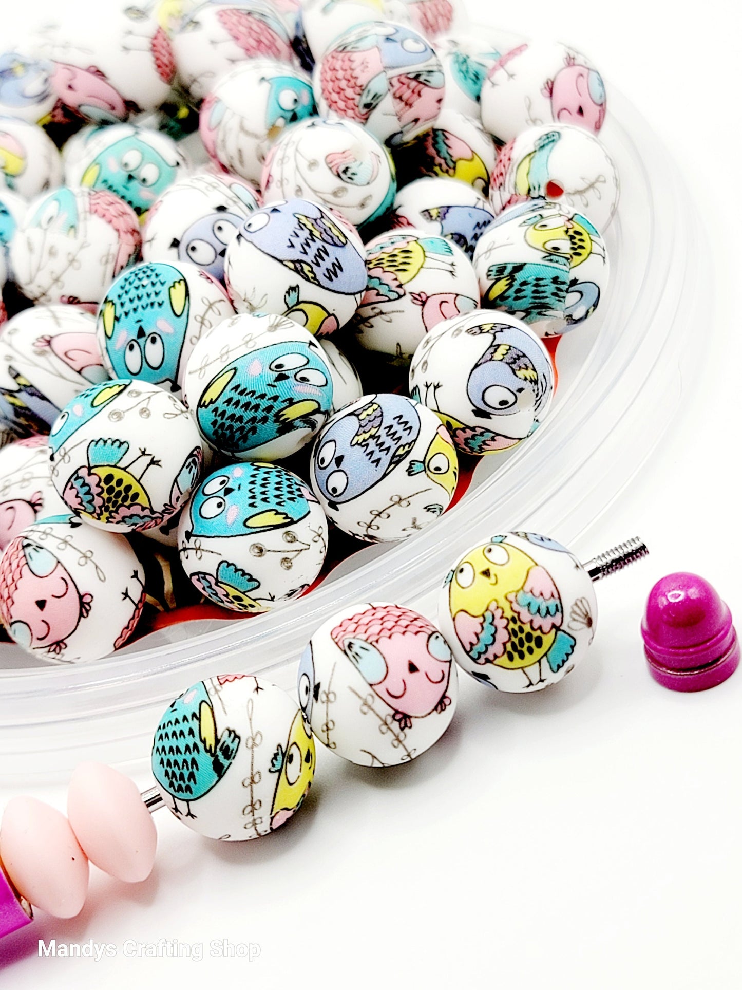 15mm Printed Cartoon Owl Print Silicone Bead – 15mm Round Bird Beads for Pens, Wristlets & Earrings