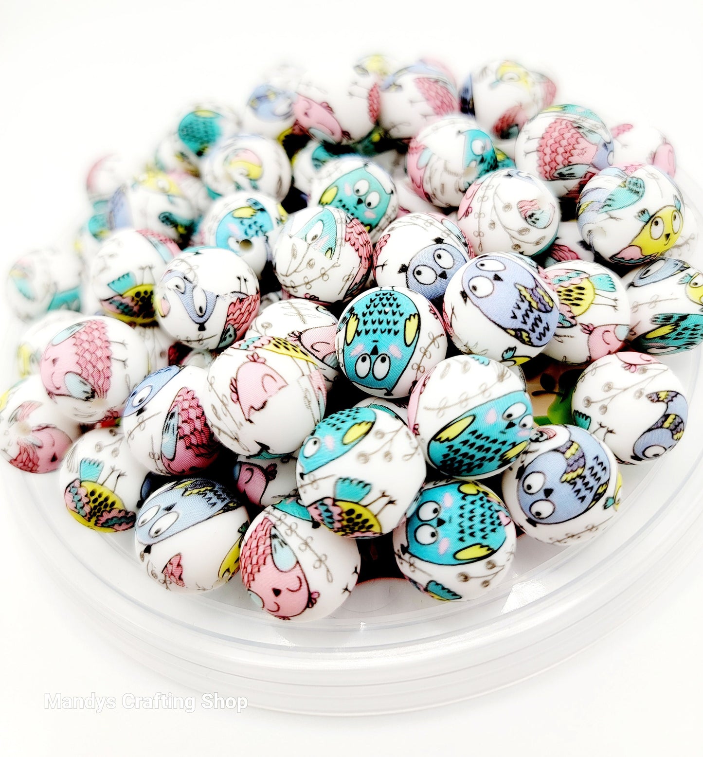 15mm Printed Cartoon Owl Print Silicone Bead – 15mm Round Bird Beads for Pens, Wristlets & Earrings