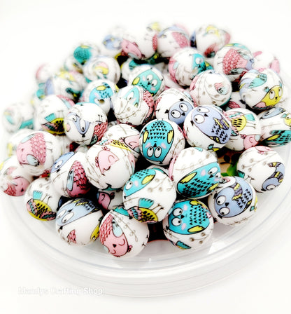 15mm Printed Cartoon Owl Print Silicone Bead – 15mm Round Bird Beads for Pens, Wristlets & Earrings