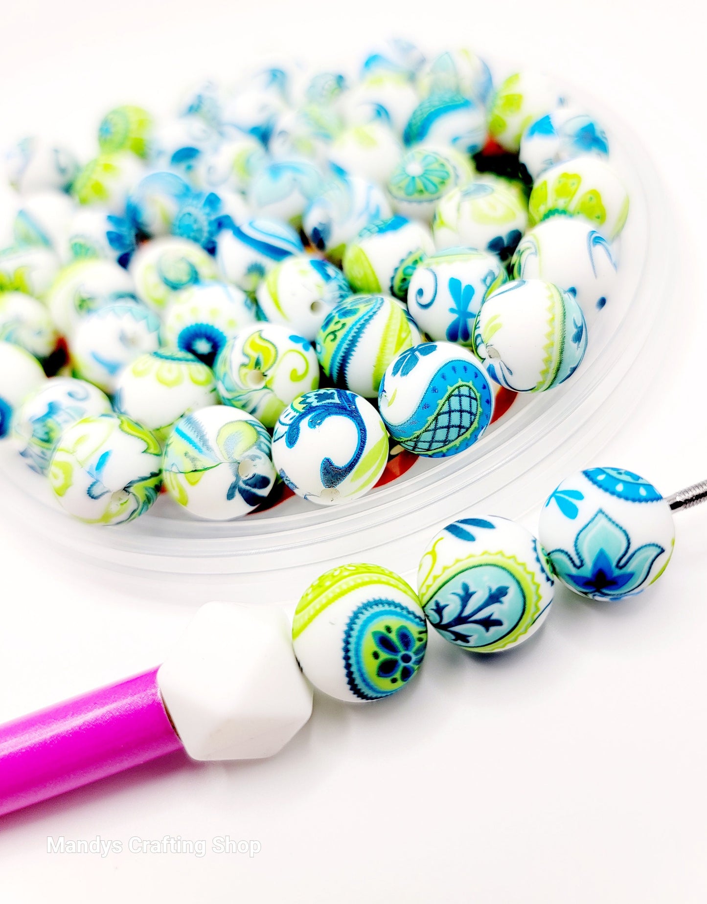 15mm Printed Green & Blue Paisley Print Silicone Beads – Round Spacer Beads for Pens & Wristlets