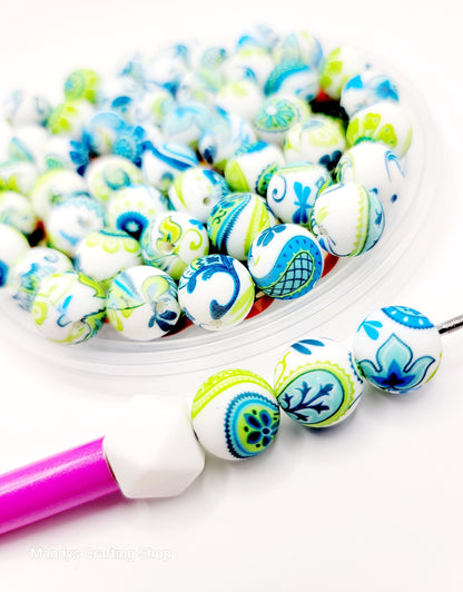 15mm Printed Green & Blue Paisley Print Silicone Beads – Round Spacer Beads for Pens & Wristlets