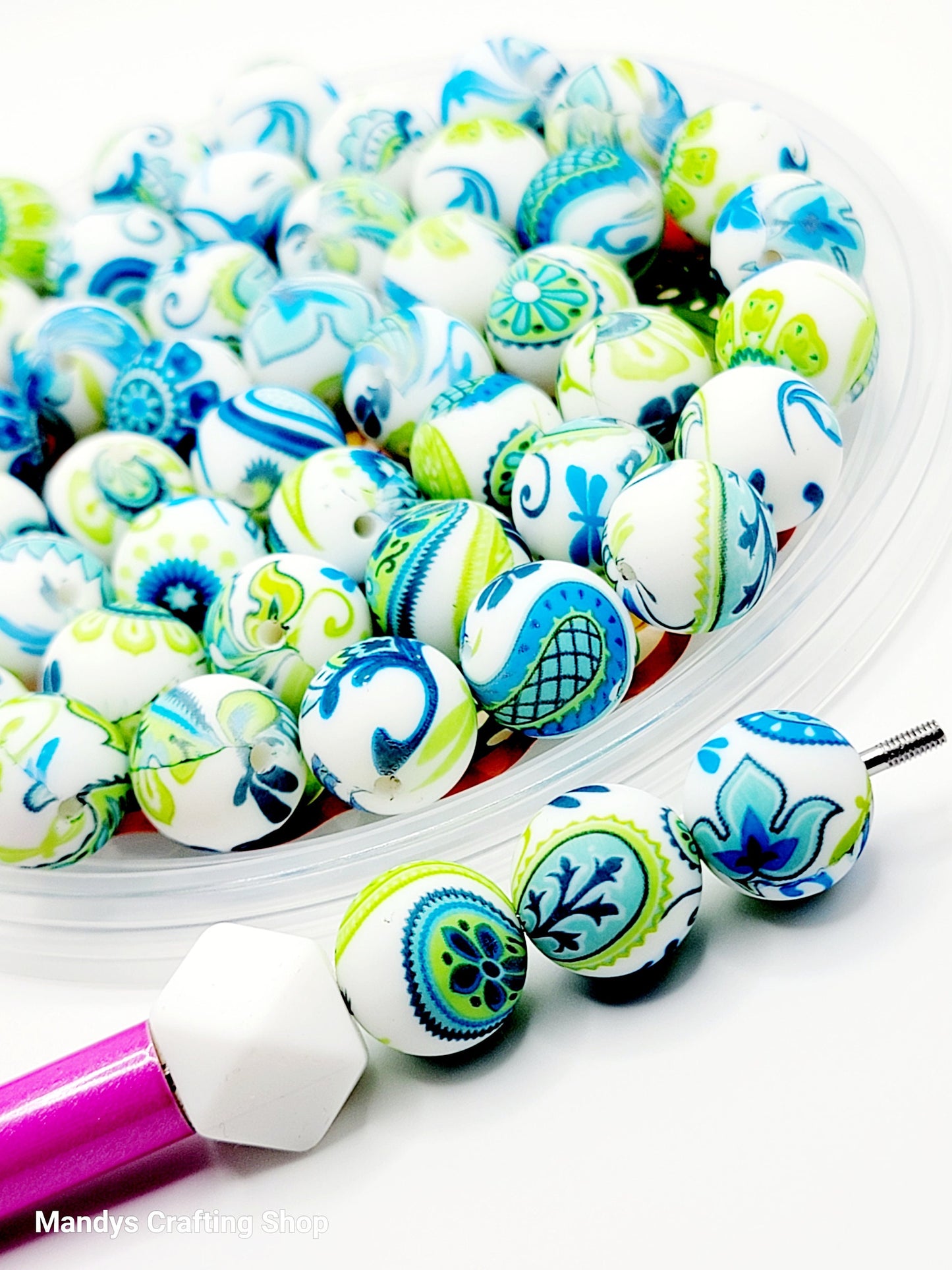 15mm Printed Green & Blue Paisley Print Silicone Beads – Round Spacer Beads for Pens & Wristlets