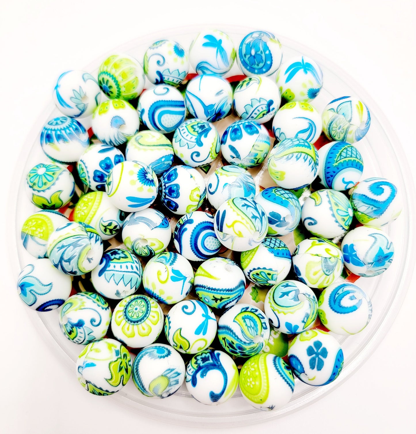 15mm Printed Green & Blue Paisley Print Silicone Beads – Round Spacer Beads for Pens & Wristlets