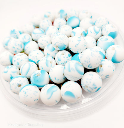 15mm Printed Blue & White Splatter Print Silicone Beads – Print Round Spacer Beads for Pens & Wristlets