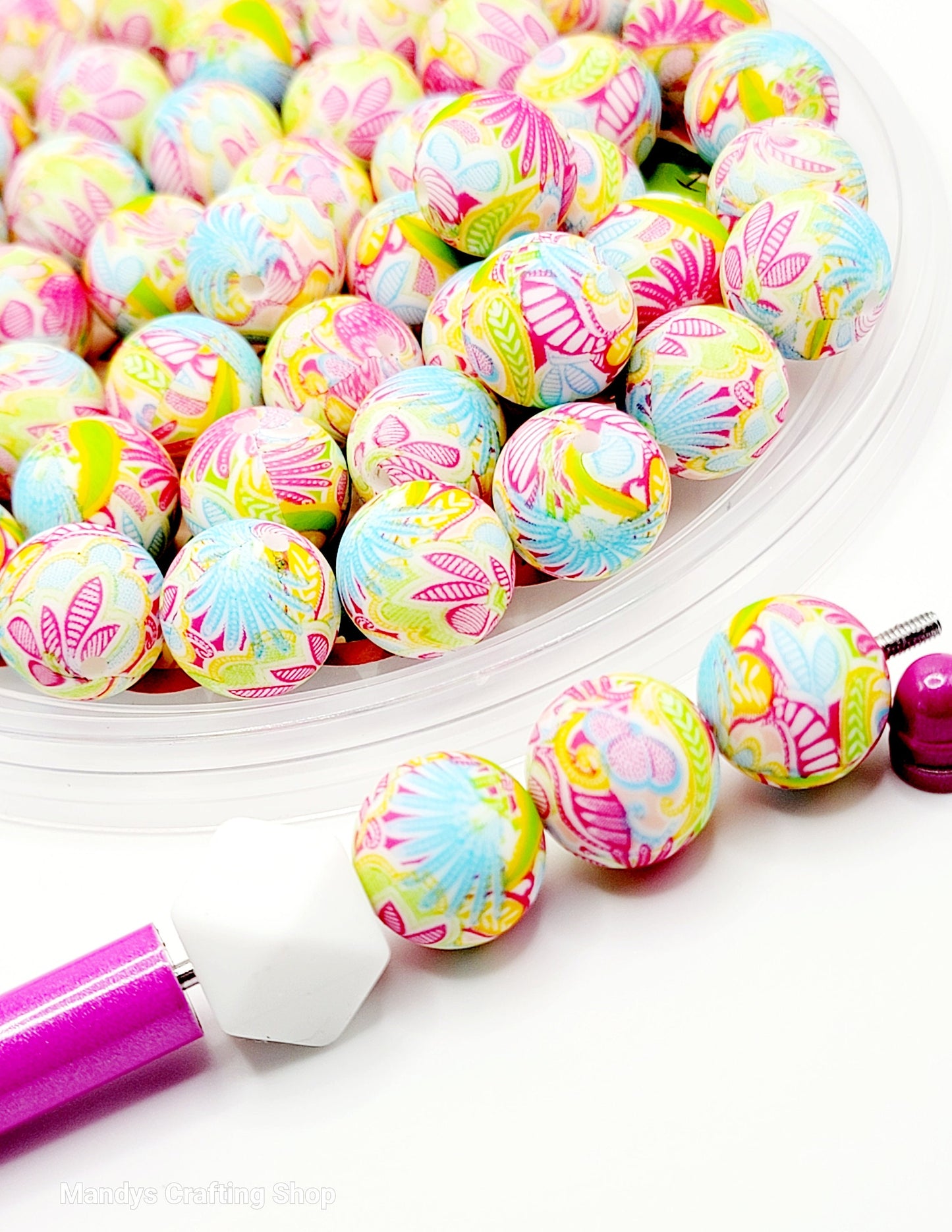 15mm Printed Tropical Floral Print Silicone Bead – Round Flower Beads for Pens & Wristlets