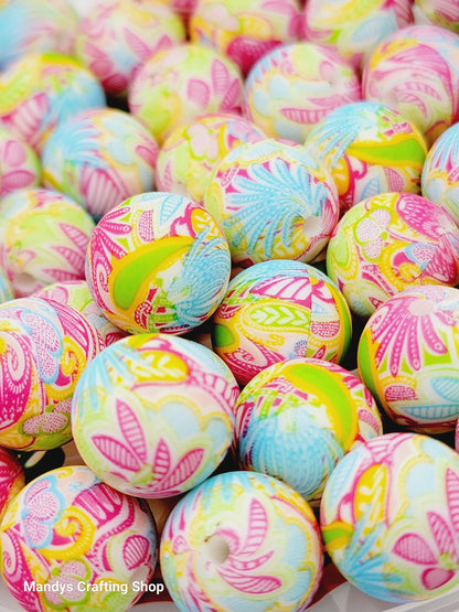 15mm Printed Tropical Floral Print Silicone Bead – Round Flower Beads for Pens & Wristlets