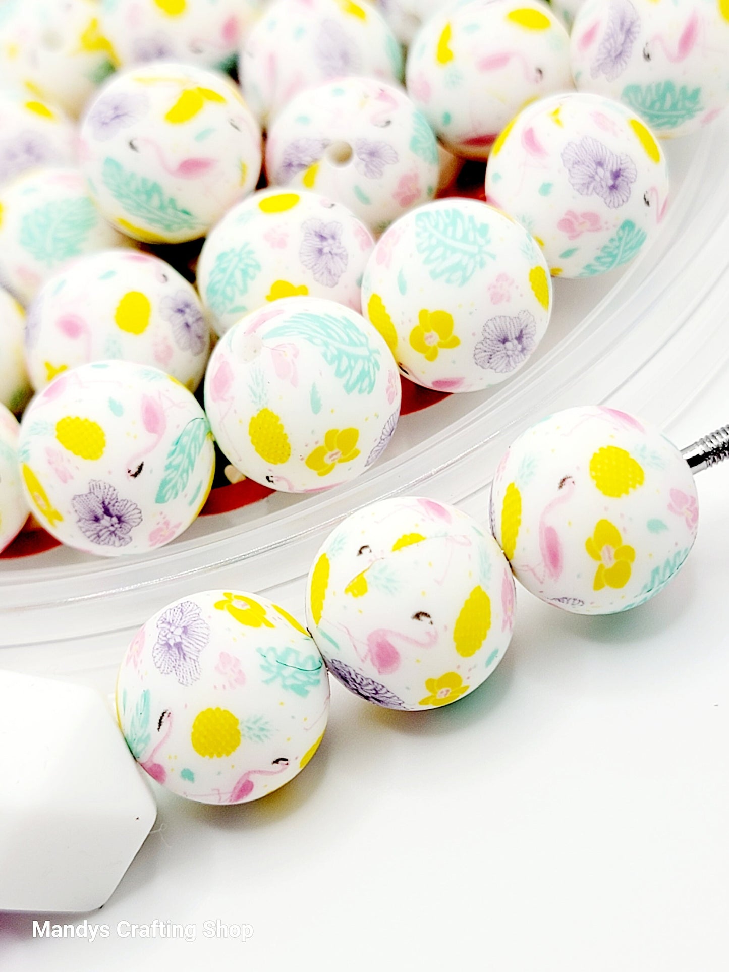 15mm Printed Pastel Flamingo Print Silicone Bead – Flamingo Theme Round Spacer Beads for Pens & Wristlets