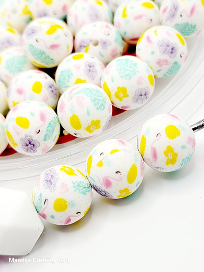 15mm Printed Pastel Flamingo Print Silicone Bead – Flamingo Theme Round Spacer Beads for Pens & Wristlets