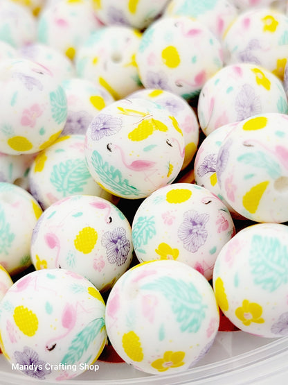 15mm Printed Pastel Flamingo Print Silicone Bead – Flamingo Theme Round Spacer Beads for Pens & Wristlets
