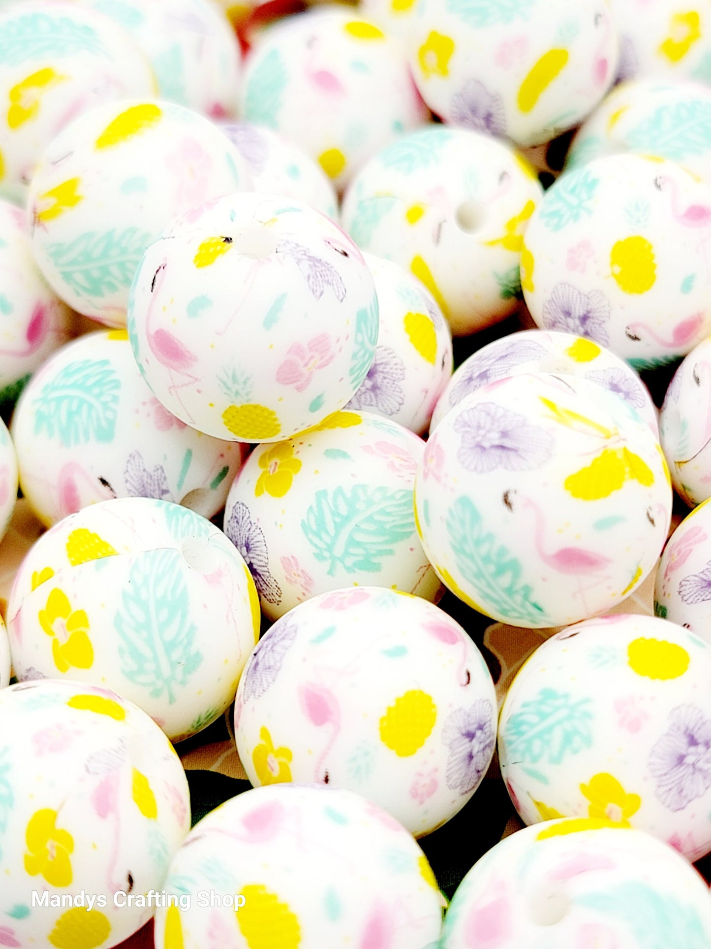 15mm Printed Pastel Flamingo Print Silicone Bead – Flamingo Theme Round Spacer Beads for Pens & Wristlets