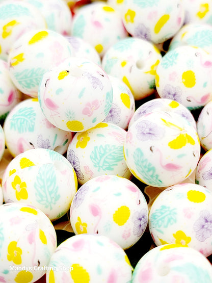 15mm Printed Pastel Flamingo Print Silicone Bead – Flamingo Theme Round Spacer Beads for Pens & Wristlets