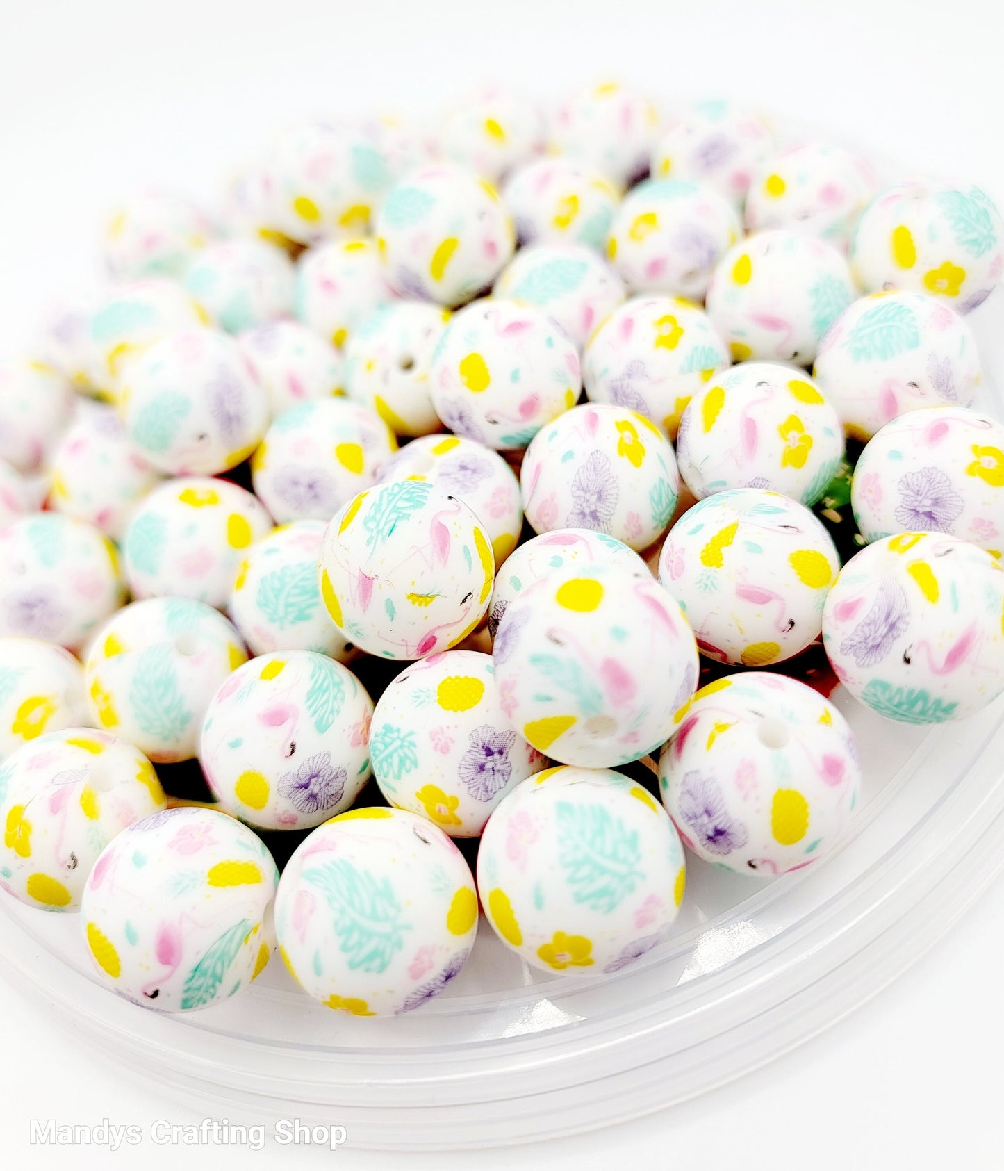 15mm Printed Pastel Flamingo Print Silicone Bead – Flamingo Theme Round Spacer Beads for Pens & Wristlets