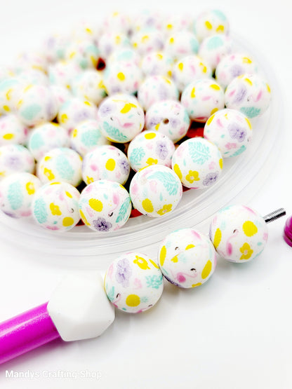 15mm Printed Pastel Flamingo Print Silicone Bead – Flamingo Theme Round Spacer Beads for Pens & Wristlets