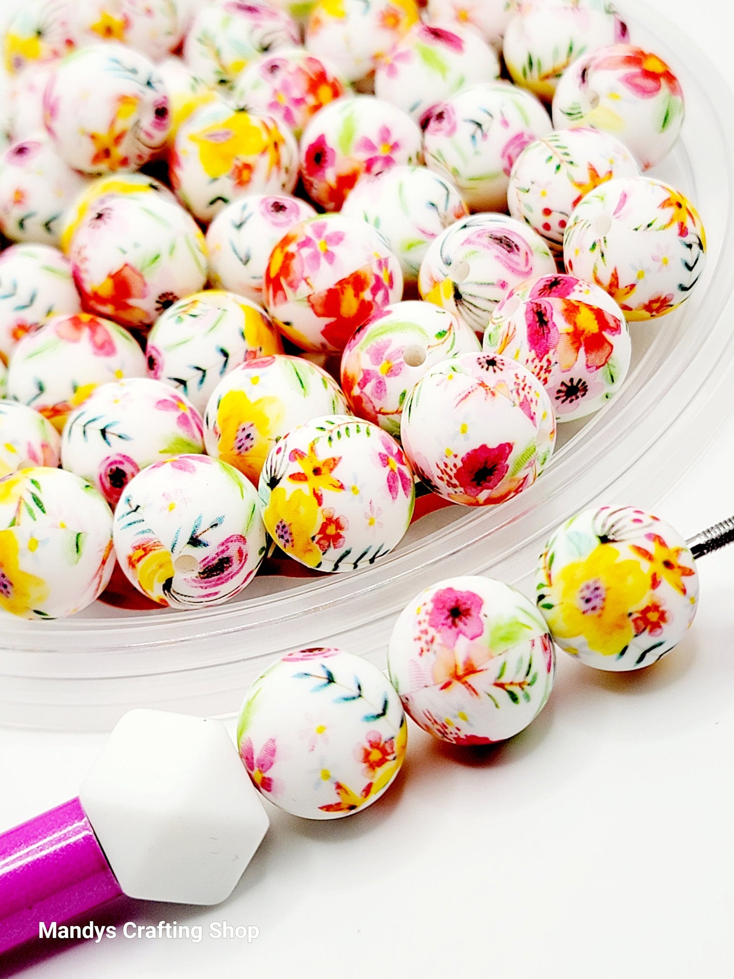 15mm Printed Wildflower Print Silicone Beads – Pink Floral Round Beads for Pens & Wristlets