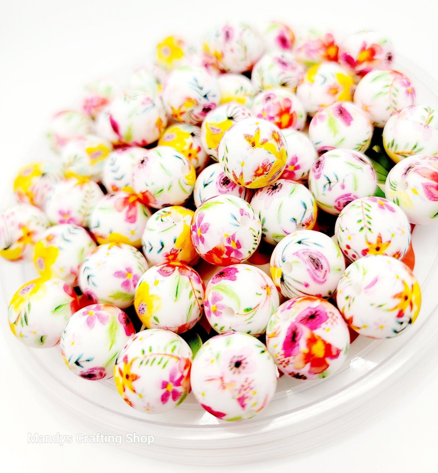 15mm Printed Wildflower Print Silicone Beads – Pink Floral Round Beads for Pens & Wristlets