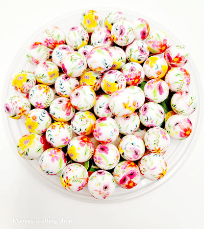 15mm Printed Wildflower Print Silicone Beads – Pink Floral Round Beads for Pens & Wristlets