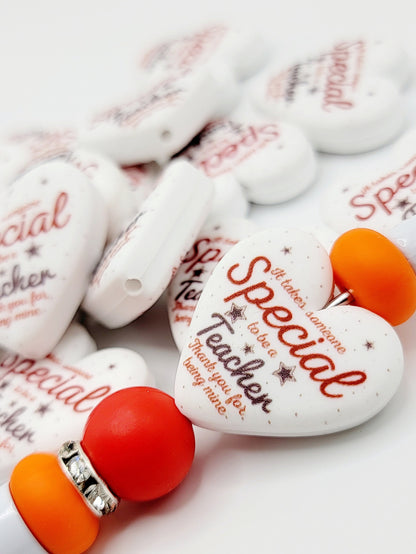 Special Teacher Heart Focal Bead – Printed Silicone Pen & Lanyard Bead (Set of 2)