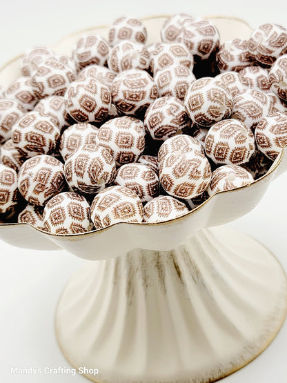 15mm Printed Brown & White Western Aztec Silicone Beads – Brown Round Printed Beads for Pens & Wristlets