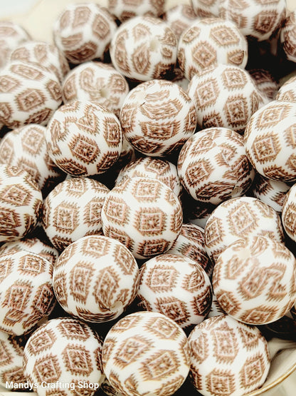 15mm Printed Brown & White Western Aztec Silicone Beads – Brown Round Printed Beads for Pens & Wristlets