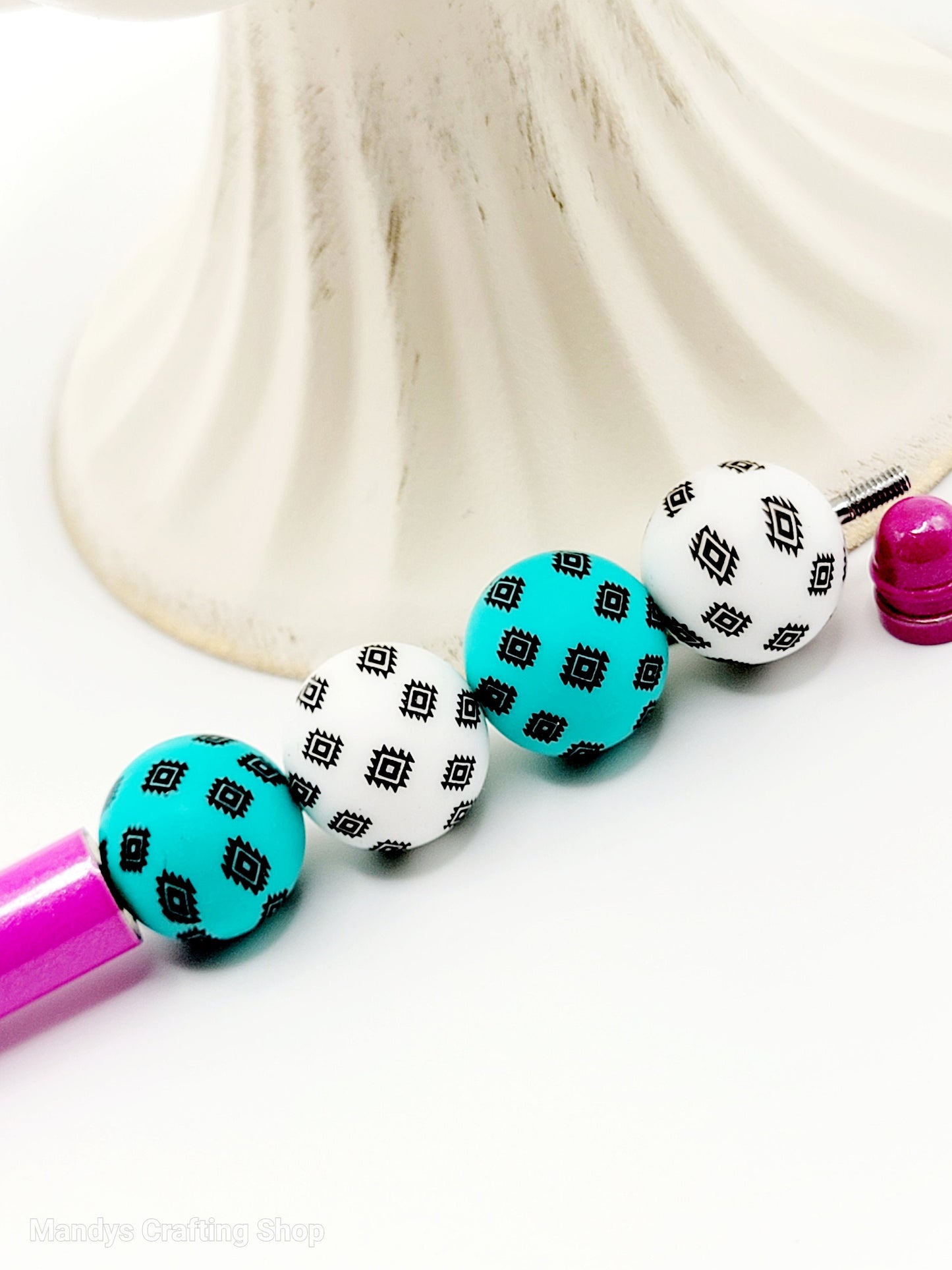 15mm Printed Turquoise Blue Aztec Western Print Silicone Beads – Western Theme Round Spacer Beads for Pens & Wristlets
