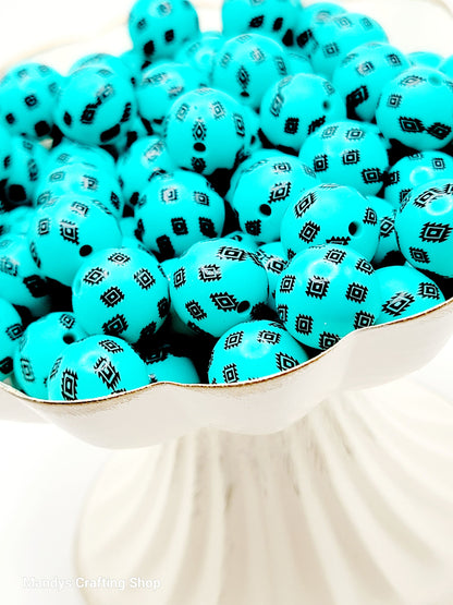 15mm Printed Turquoise Blue Aztec Western Print Silicone Beads – Western Theme Round Spacer Beads for Pens & Wristlets