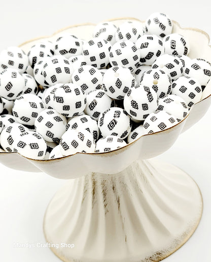 15mm Printed White Black Aztec Western Print Silicone Beads – Round Beads for Pens & Wristlets