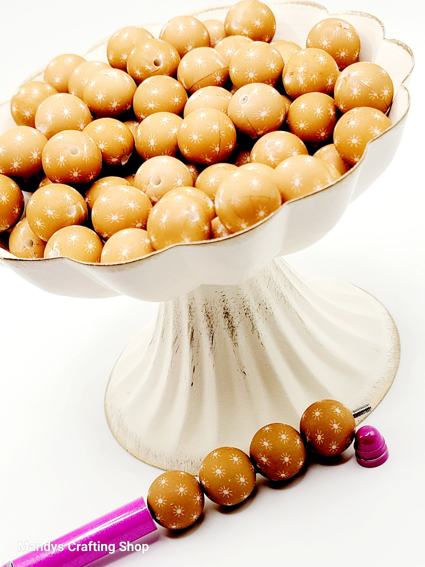 15mm Brown Sun Print Silicone Bead – Western Theme Silicone Round Spacer Beads for Pens & Wristlets