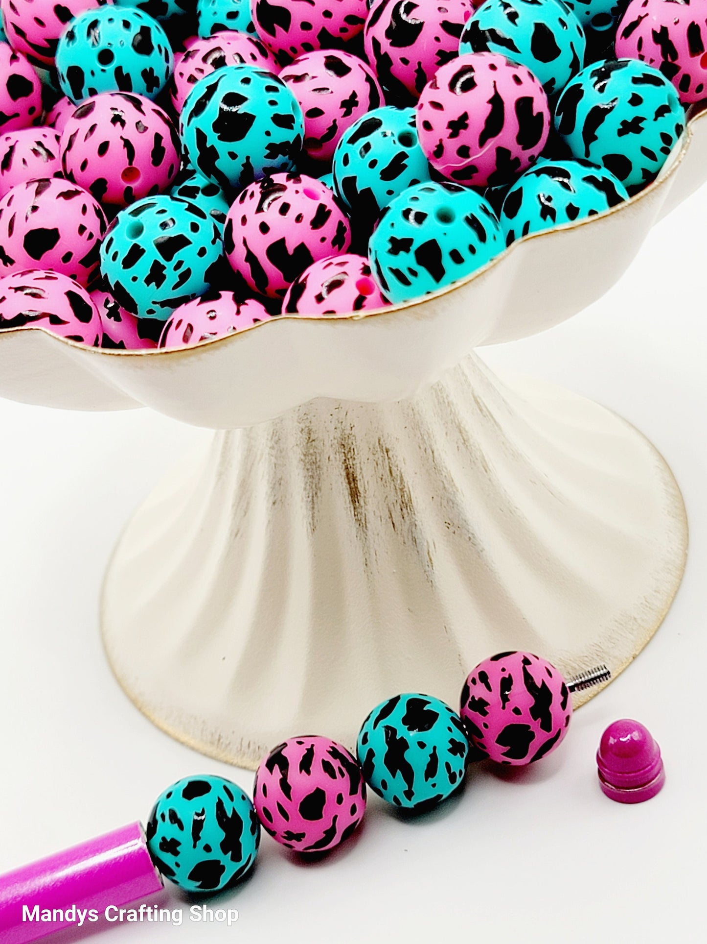 15mm Printed Turquoise or Hot Pink Cow Print Silicone Beads – Animal Print Round Beads for Pens & Wristlets