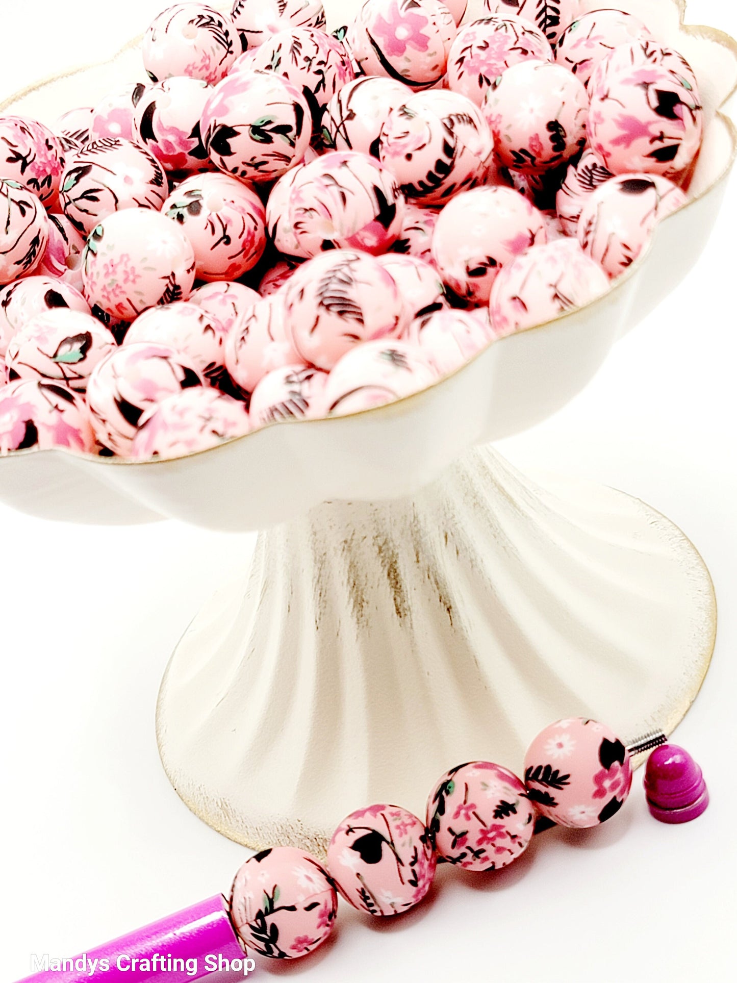 15mm Printed Pink Floral Print Silicone Bead – Round Flower Beads for Pens & Wristlets