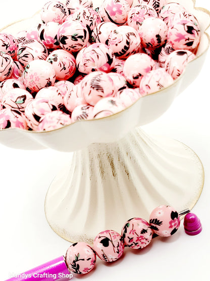 15mm Printed Pink Floral Print Silicone Bead – Round Flower Beads for Pens & Wristlets