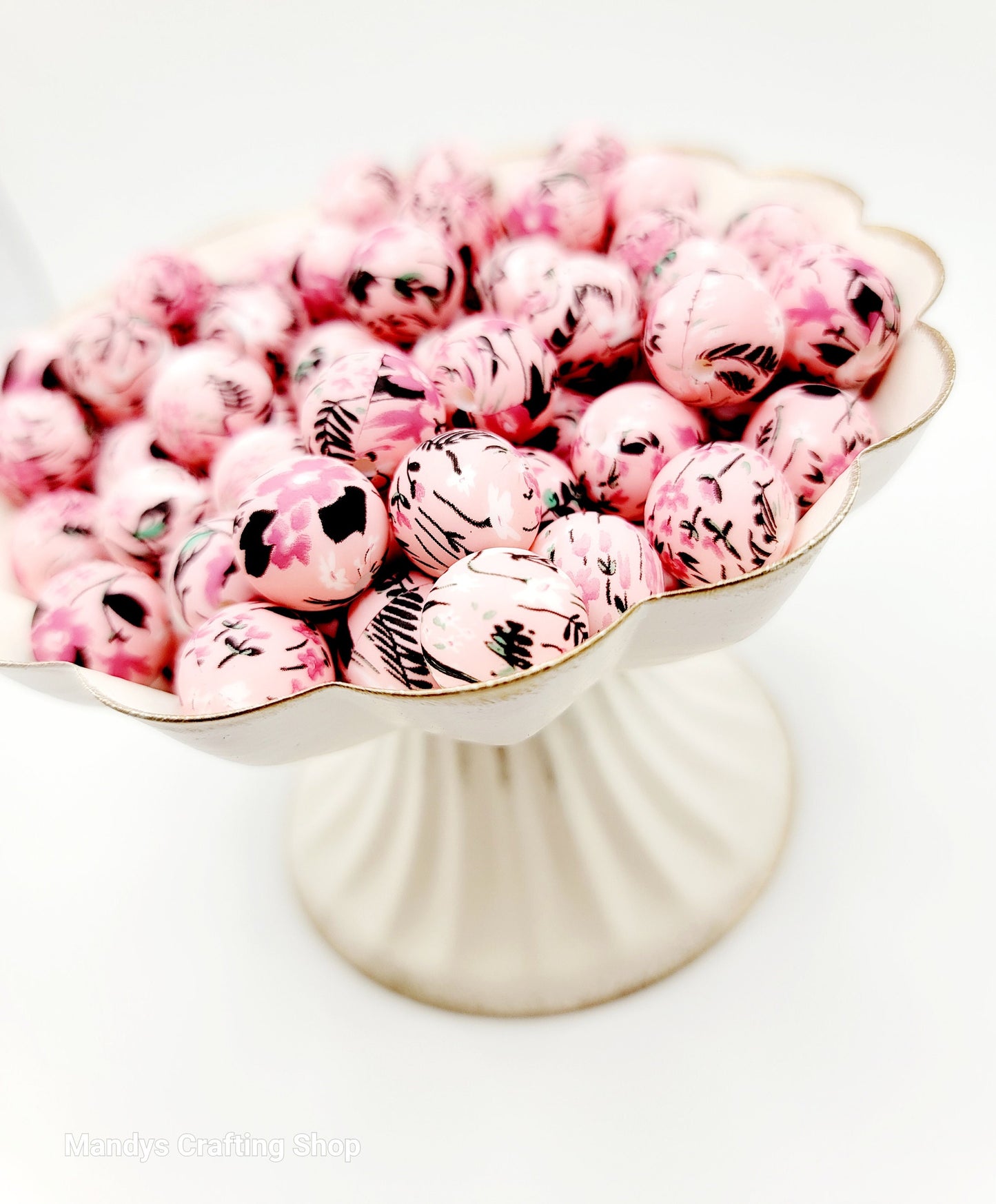 15mm Printed Pink Floral Print Silicone Bead – Round Flower Beads for Pens & Wristlets