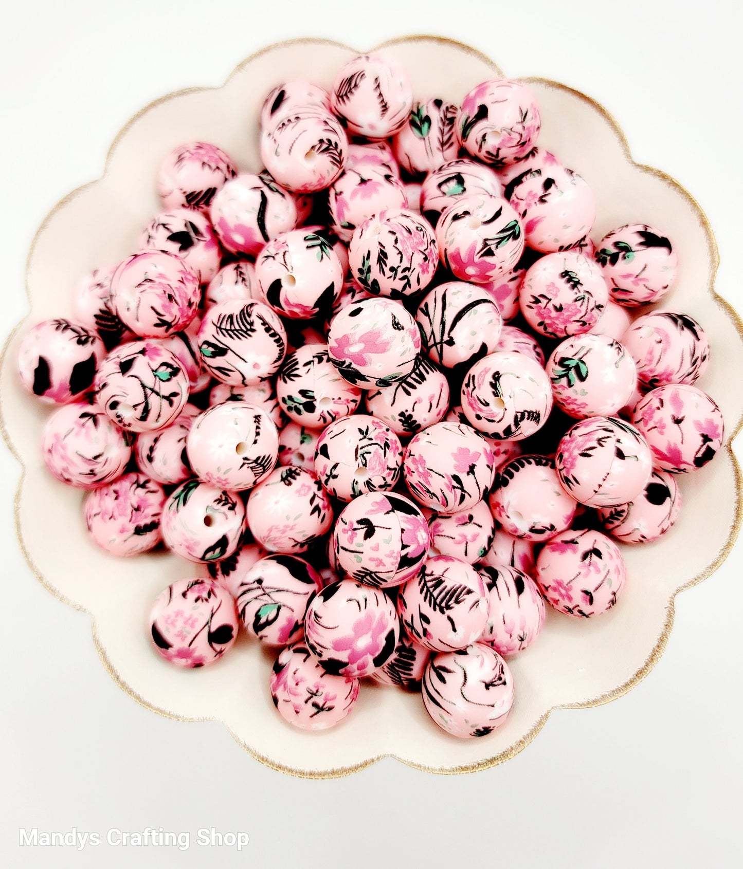 15mm Printed Pink Floral Print Silicone Bead – Round Flower Beads for Pens & Wristlets
