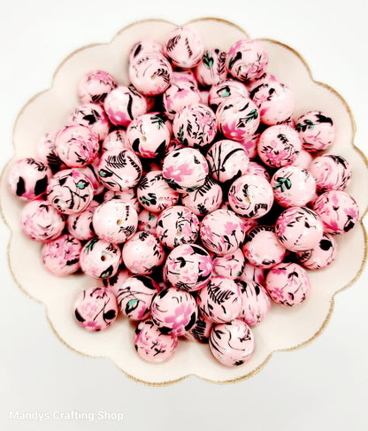 15mm Printed Pink Floral Print Silicone Bead – Round Flower Beads for Pens & Wristlets