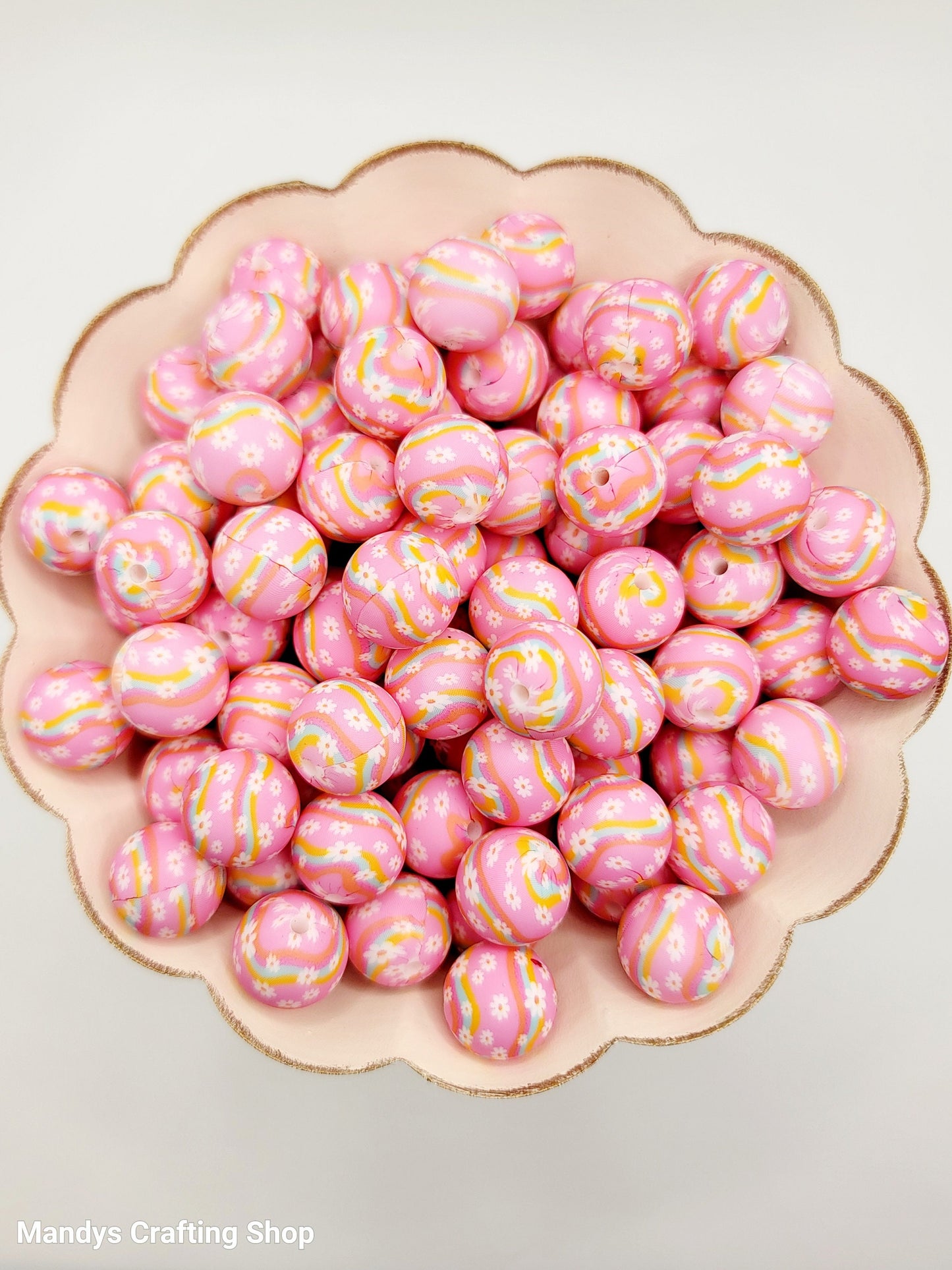 15mm Printed Happy Daisy Pink Floral Silicone Bead – Round Flower Beads for Pens & Wristlets