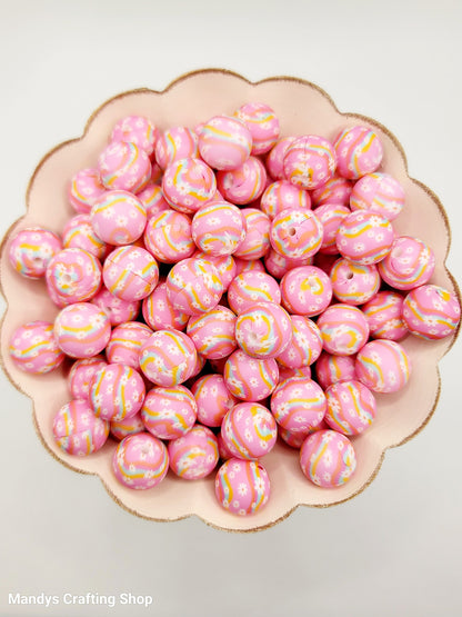 15mm Printed Happy Daisy Pink Floral Silicone Bead – Round Flower Beads for Pens & Wristlets