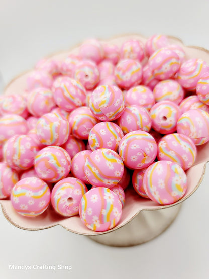 15mm Printed Happy Daisy Pink Floral Silicone Bead – Round Flower Beads for Pens & Wristlets