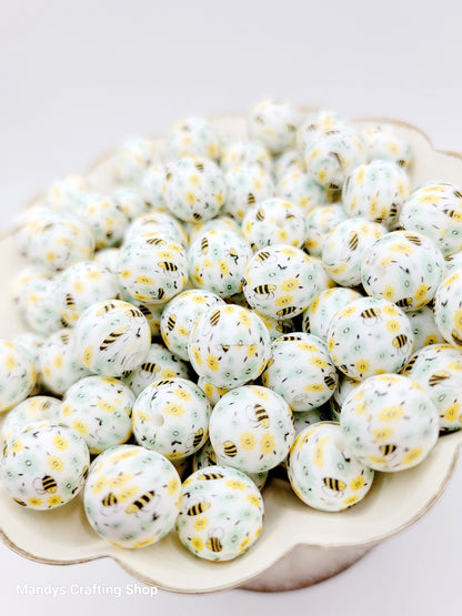 15mm Printed Bumble Bee Print Silicone Bead – Print Round Spacer Beads for Pens & Wristlets