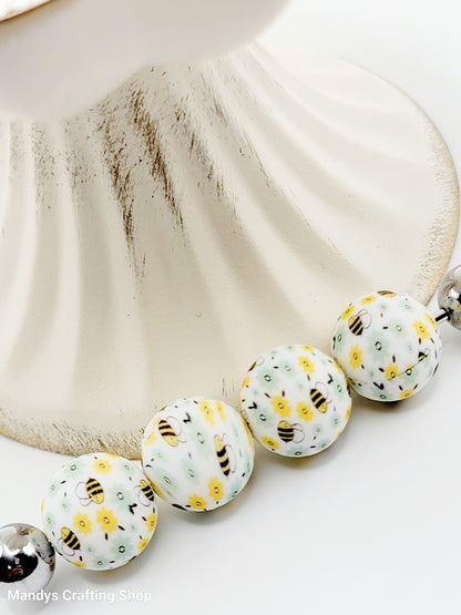 15mm Printed Bumble Bee Print Silicone Bead – Print Round Spacer Beads for Pens & Wristlets