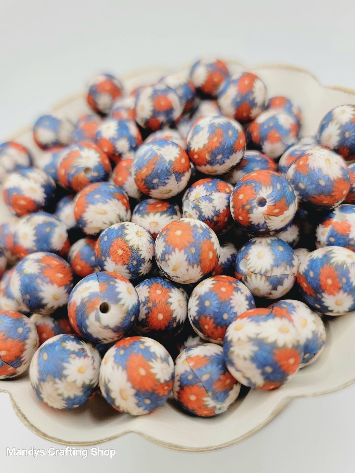 15mm Printed American Daisy Silicone Bead – Patriotic Floral Round Spacer Beads for Pens & Wristlets