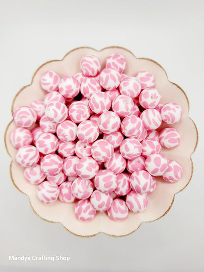15mm Printed Pink Cow Print Silicone Bead – Pink Round Spacer Beads for Pens & Wristlets
