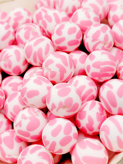 15mm Printed Pink Cow Print Silicone Bead – Pink Round Spacer Beads for Pens & Wristlets